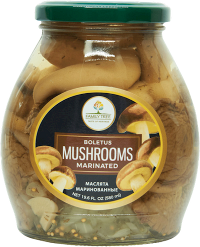 MUSHROOMS BOLETUS LUTEUS MARINATED 12/580ML FAMILY TREE