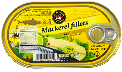 MACKEREL FILLETS IN OIL 36/190GR BRIVAIS VILNIS N001152