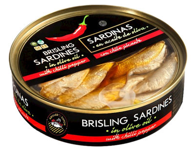 BRISLING SARDINES IN OLIVE OIL W/CHILI PEPPER E/O 10/160GR BRIVAIS VILNIS (4) N6594