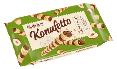 WAFFLE ROLLS KONAFETTO W/HAZELNUT CREAM FILLING 15/140GR ROSHEN N3065