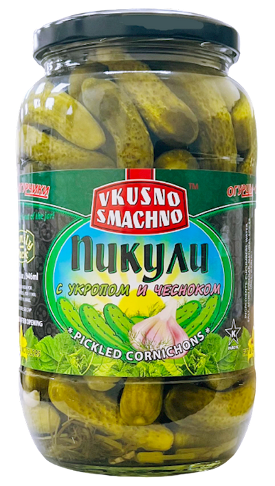 CORNICHONS PICKLED W/GARLIC&DILL 12/946ML VKUSNO SMACHNO N2622