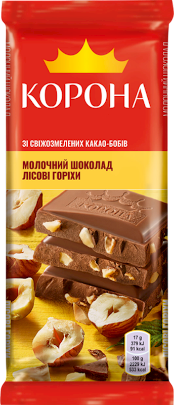 CHOCOLATE BAR MILK W/NUTS 29/85GR KORONA UKRAINE N4055060