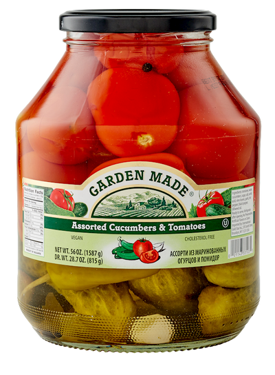 ASSORTI CUCUMBERS & TOMATOES MARINATED 6/56 OZ GARDEN MADE BULGARIA N33103