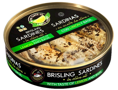 BRISLING SARDINES IN OLIVE OIL W/LEMON&BASIL E/O 10/160GR BRIVAIS VILNIS (4) N6730