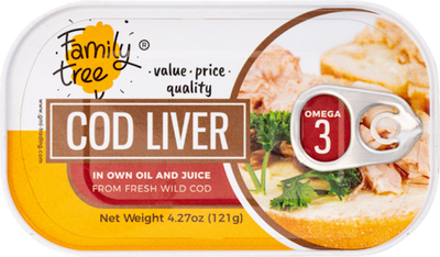 COD LIVER W/OMEGA3 IN OWN OIL&JUICE E/O 12/121GR FAMILY TREE ICELAND