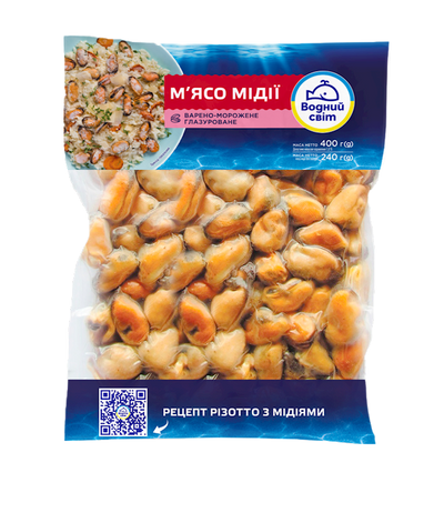MUSSEL MEAT BOILED FROZEN GLAZED 16/180GR VODNIY SVIT N25