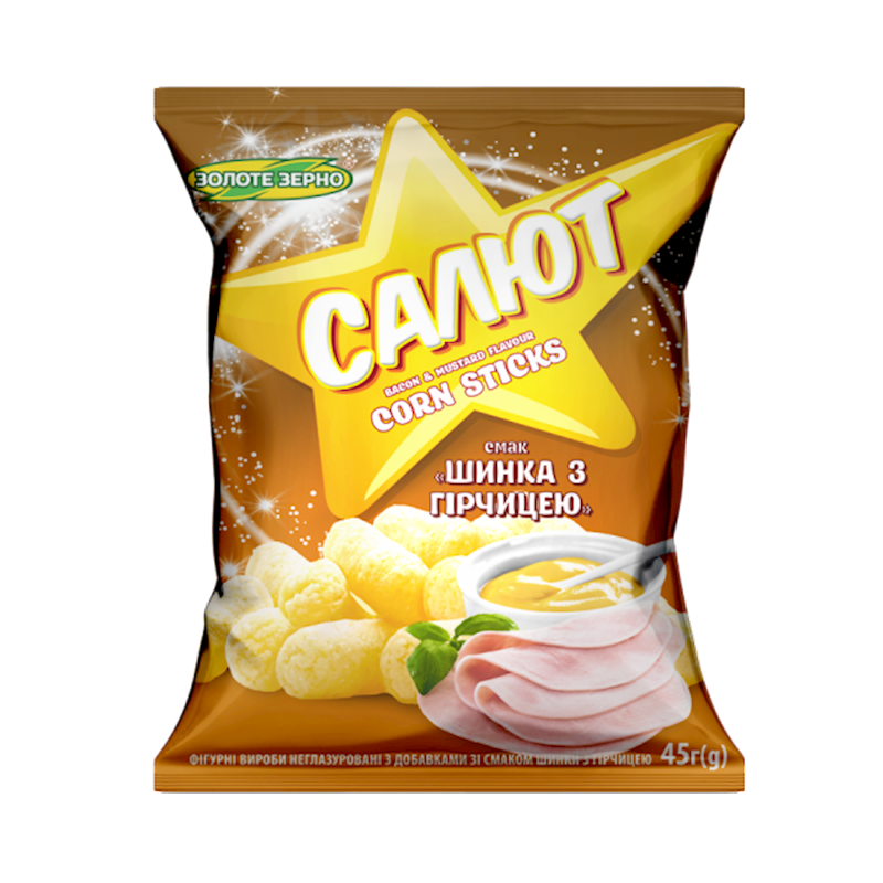 CORN STICKS SALUTE W/HAM&MUSTARD 30/45GR ZOLOTE ZERNO N171