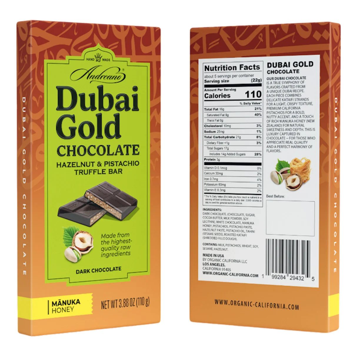 CHOCOLATE BAR DARK DUBAI GOLD W/HAZELNUT&PISTACHIO TRUFFLE 10/110GR ANDREANO(6)
