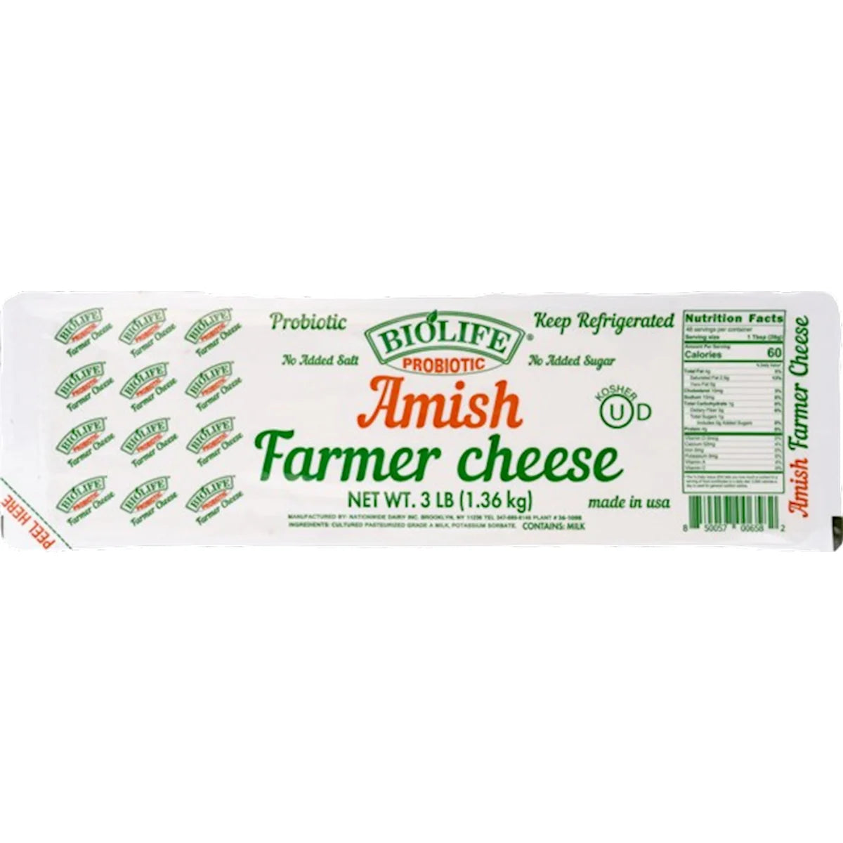 FARMER CHEESE AMISH W/PROBIOTIC 6/3LB BIOLIFE