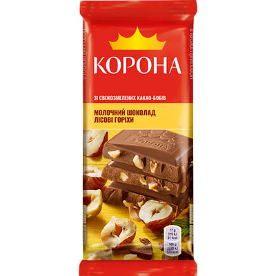 CHOCOLATE BAR MILK W/NUTS 29/85GR KORONA UKRAINE N4055060