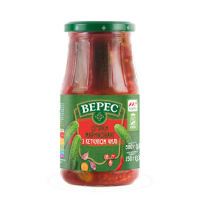 CORNICHONS PICKLED W/KETCHUP CHILI 12/500GR VERES UKRAINE