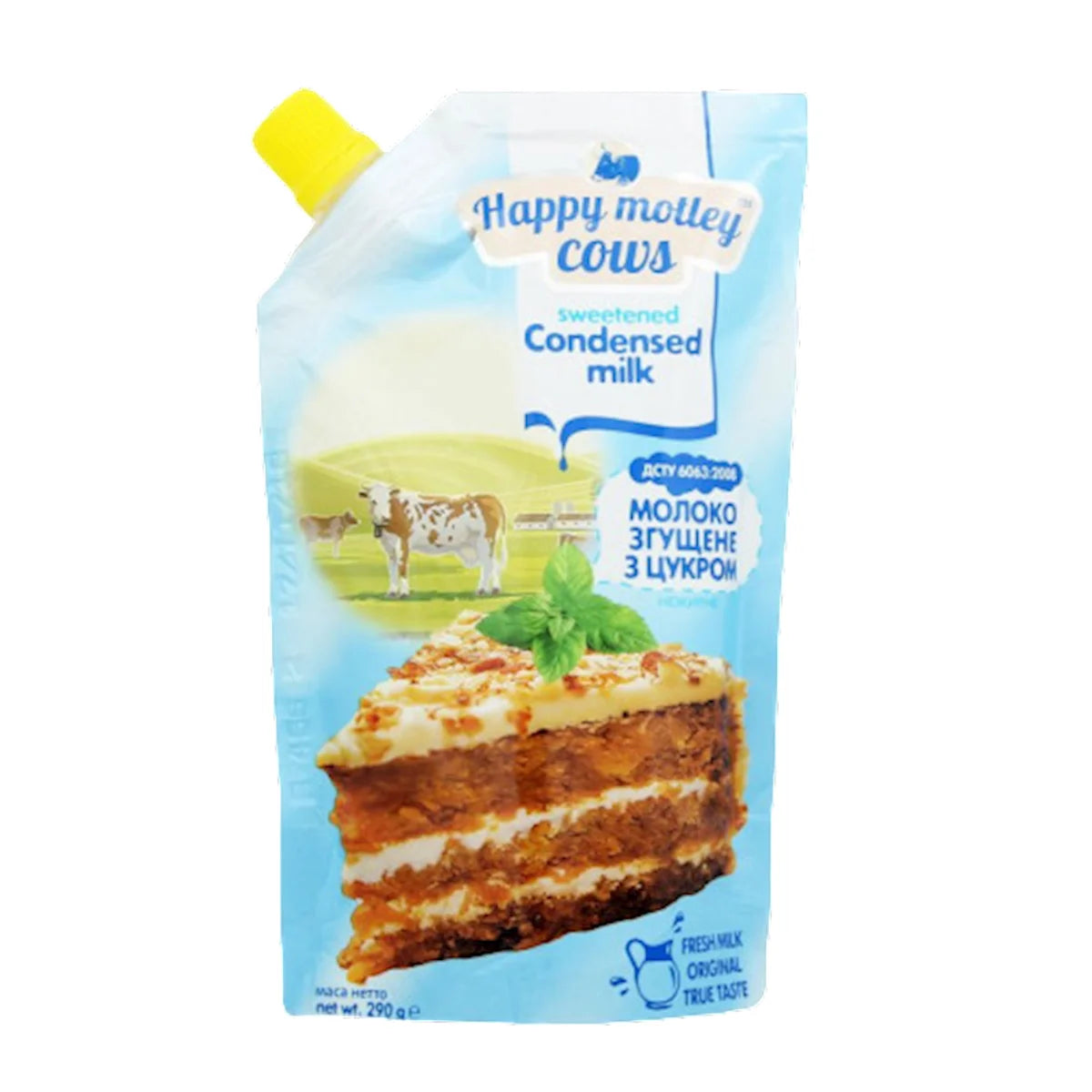 CONDENSED MILK WITH SUGAR LOW FAT DOYPACK 20/290GR HAPPY MOTLEY COWS UKRAINE