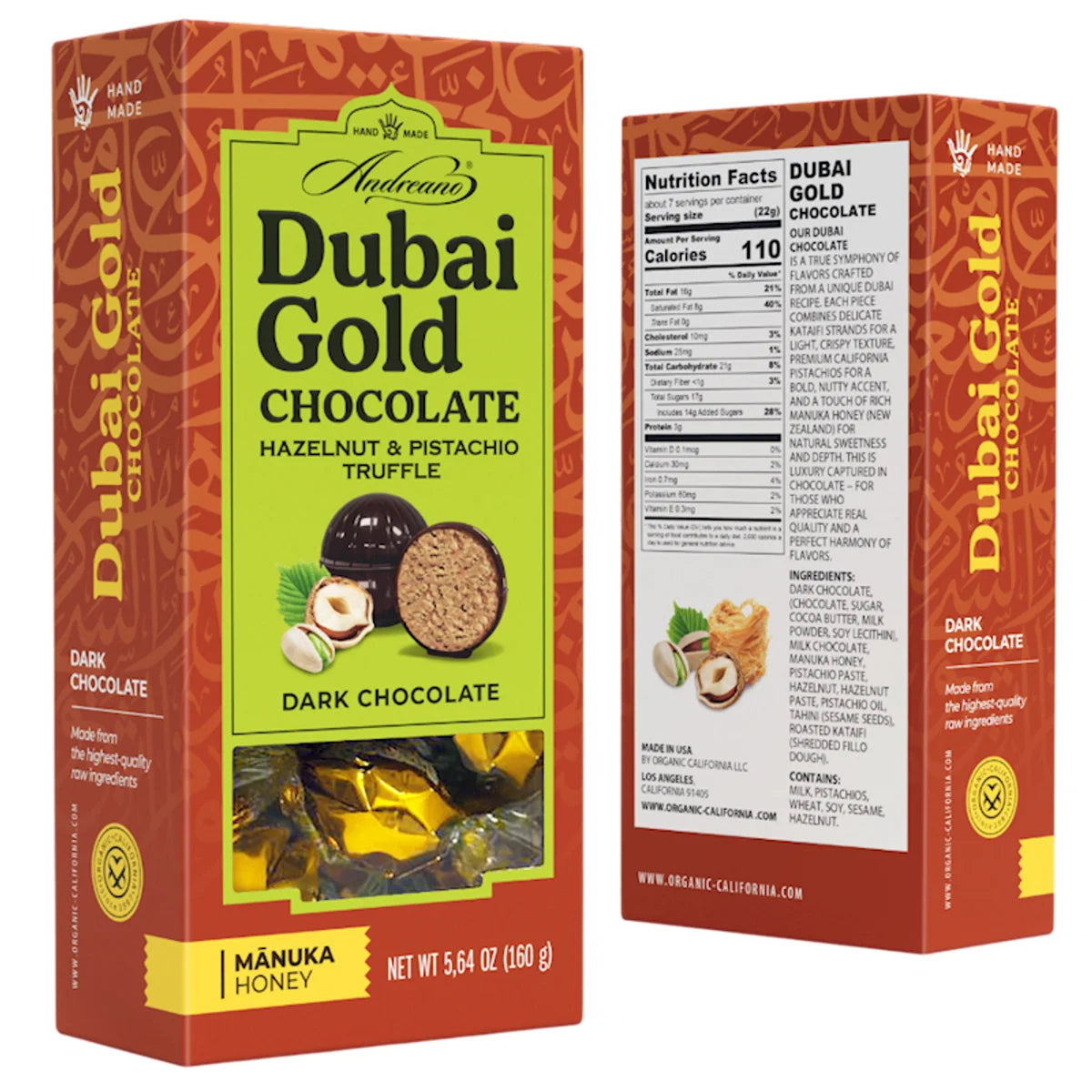CANDIES BOXED CHOCOLATE DARK DUBAI GOLD W/HAZELNUT&PISTACHIO TRUFFLE 12/160GR ANDREANO