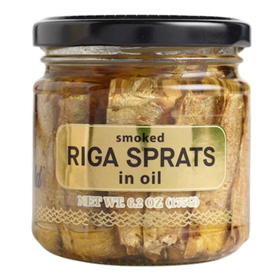 RIGA SPRATS IN OIL 12/175G GLASS BALTIC GOLD LATVIA N36011 / 239