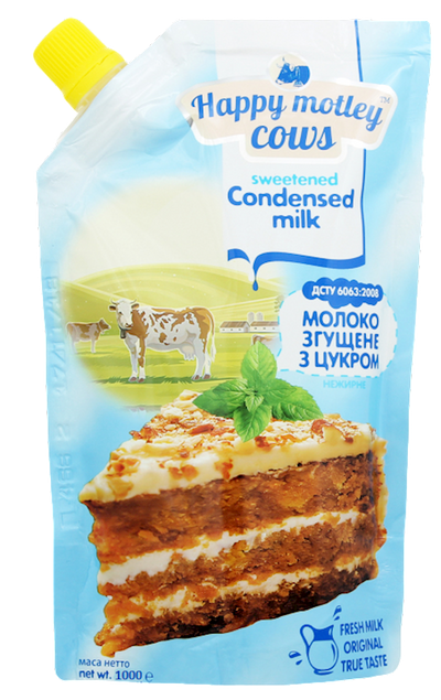 CONDENSED MILK WITH SUGAR LOW FAT DOYPACK 10/1KG HAPPY MOTLEY COWS UKRAINE