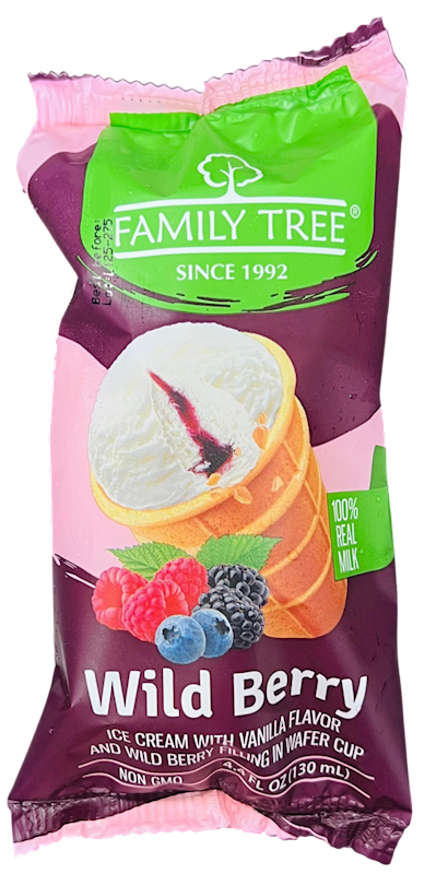 ICE CREAM W/WILDBERRY FLAVOR IN WAFFLE CUP 15/130ML FAMILY TREE N2203NC