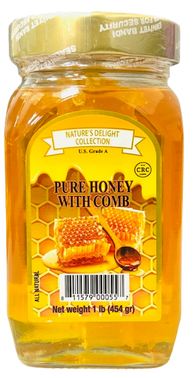 HONEY PURE W/COMB GLASS 12/454GR NATURE'S DELIGHT