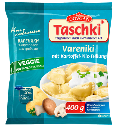 VARENIKI W/POTATO&MUSHROOMS FILLING FROZEN TASCHKI 22/400GR DOVGAN N99740400