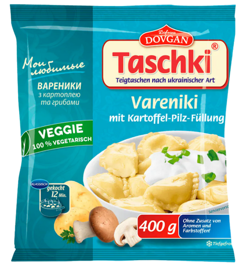 VARENIKI W/POTATO&MUSHROOMS FILLING FROZEN TASCHKI 22/400GR DOVGAN N99740400