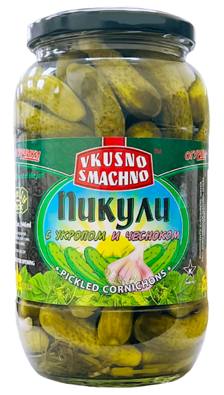 CORNICHONS PICKLED W/GARLIC&DILL 12/946ML VKUSNO SMACHNO N2622