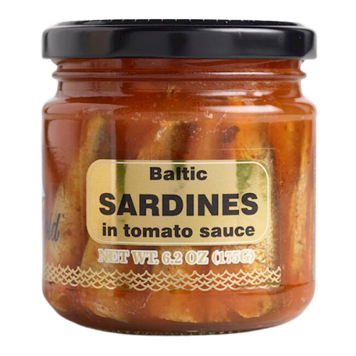 BALTIC SPRATS SARDINES IN TOMATO SAUCE 12/175G GLASS BALTIC GOLD LATVIA N36012 /245