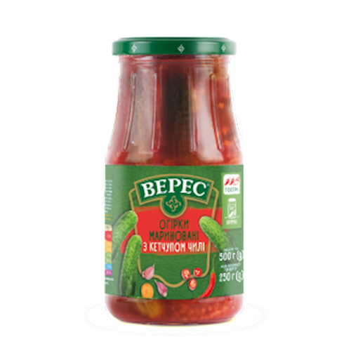 CORNICHONS PICKLED W/KETCHUP CHILI 12/500GR VERES UKRAINE