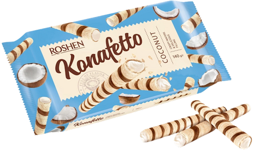 WAFFLE ROLLS KONAFETTO W/COCONUT CREAM FILLING 15/140GR ROSHEN N1924