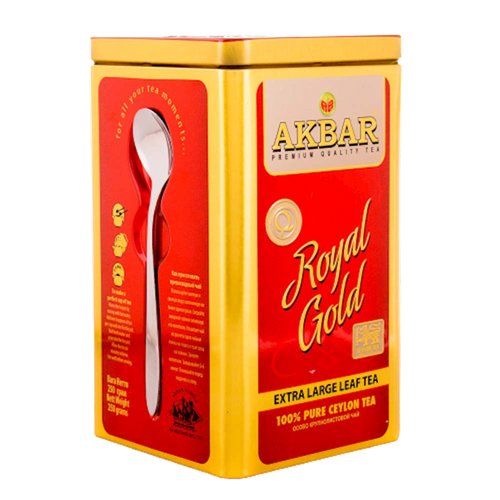 TEA AKBAR BLACK EXTRA LARGE LEAF ROYAL GOLD 12/250GR TIN W/TEASPOON SRI-LANKA