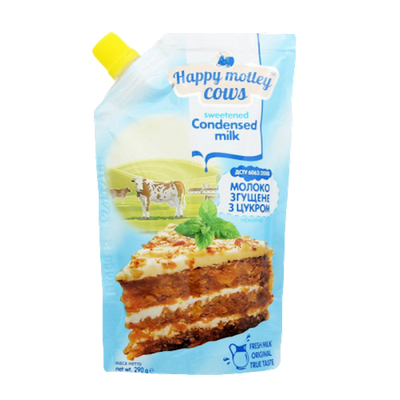 CONDENSED MILK WITH SUGAR LOW FAT DOYPACK 20/290GR HAPPY MOTLEY COWS UKRAINE