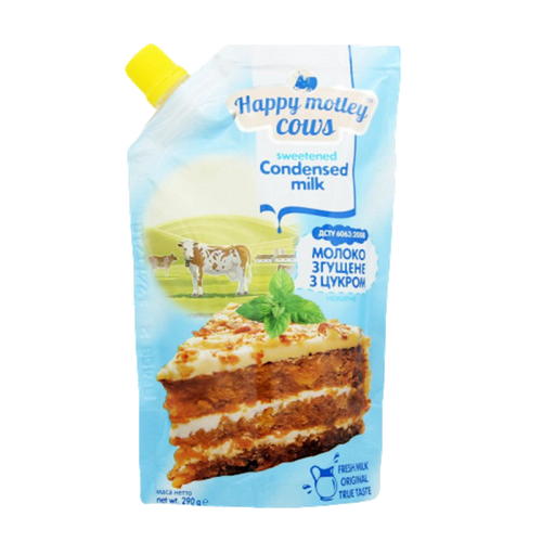 CONDENSED MILK WITH SUGAR LOW FAT DOYPACK 20/290GR HAPPY MOTLEY COWS UKRAINE