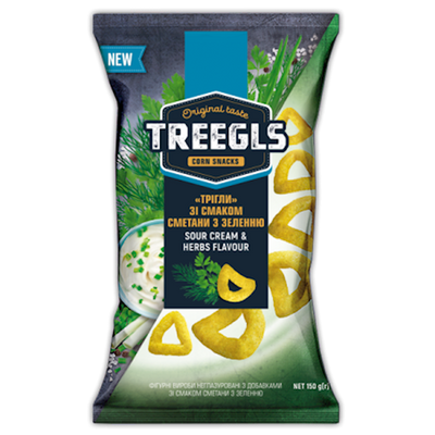 CORN PUFFS TREEGLS W/SOUR CREAM&HERBS 14/150GR ZOLOTE ZERNO N331