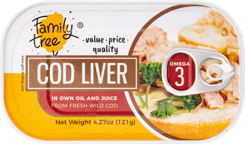 COD LIVER W/OMEGA3 IN OWN OIL&JUICE E/O 12/121GR FAMILY TREE ICELAND