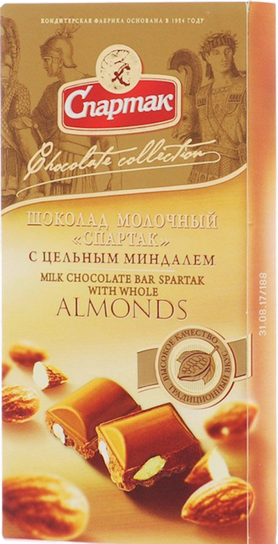 CHOCOLATE BAR MILK W/WHOLE ALMONDS 18/90GR SPARTAK N8917