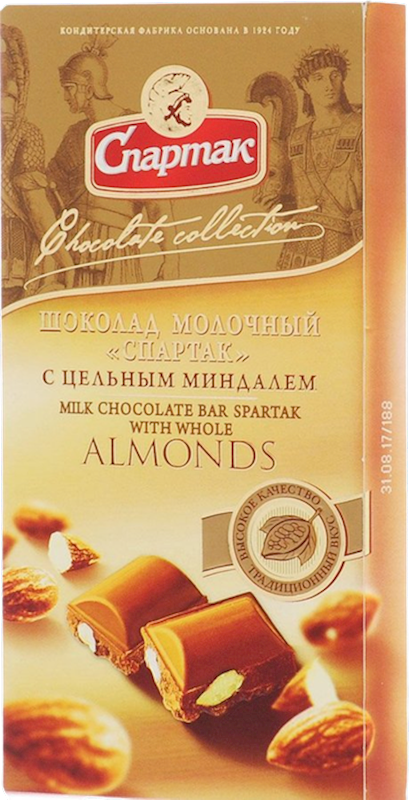 CHOCOLATE BAR MILK W/WHOLE ALMONDS 18/90GR SPARTAK N8917