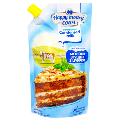 CONDENSED MILK WITH SUGAR LOW FAT DOYPACK 20/440GR HAPPY MOTLEY COWS UKRAINE