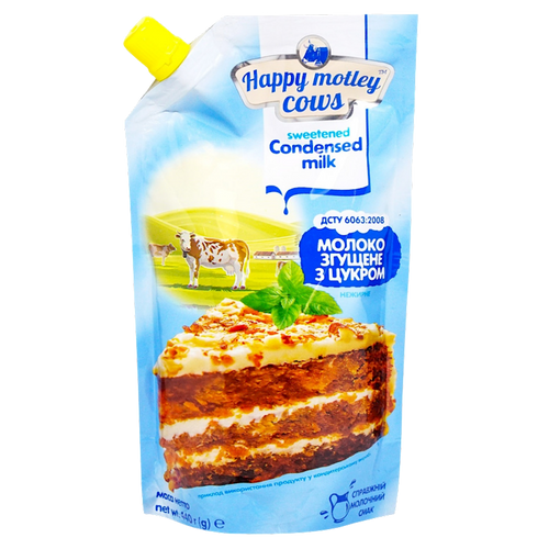 CONDENSED MILK WITH SUGAR LOW FAT DOYPACK 20/440GR HAPPY MOTLEY COWS UKRAINE