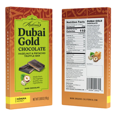 CHOCOLATE BAR DARK DUBAI GOLD W/HAZELNUT&PISTACHIO TRUFFLE 10/110GR ANDREANO(6)