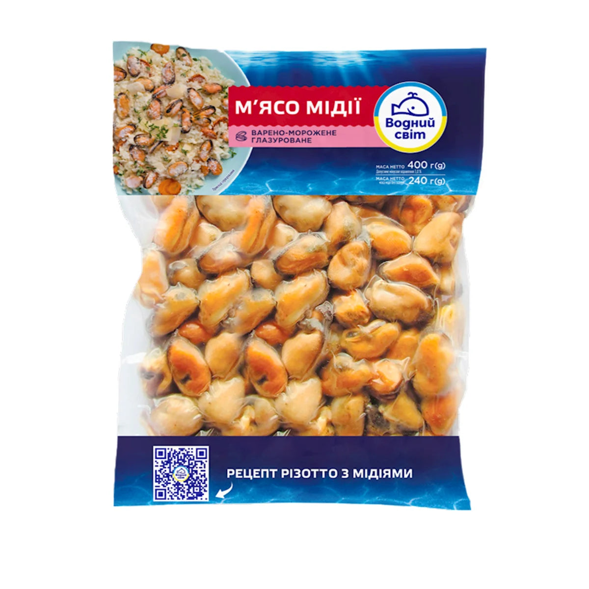 MUSSEL MEAT BOILED FROZEN GLAZED 16/180GR VODNIY SVIT N25