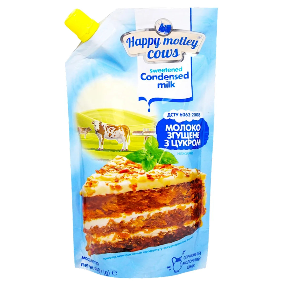 CONDENSED MILK WITH SUGAR LOW FAT DOYPACK 20/440GR HAPPY MOTLEY COWS UKRAINE