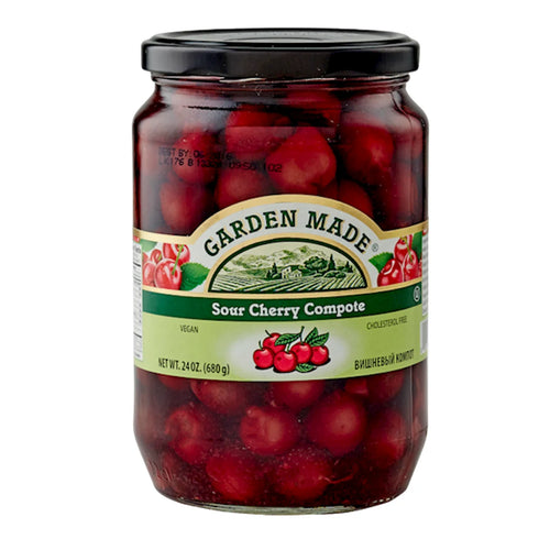 COMPOTE PITTED SOUR CHERRIES 12/24OZ GARDEN MADE BULGARIA N33125