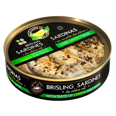 BRISLING SARDINES IN OLIVE OIL W/LEMON&BASIL E/O 10/160GR BRIVAIS VILNIS (4) N6730