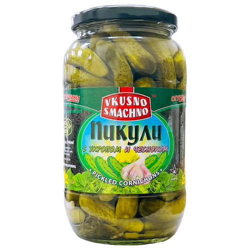 CORNICHONS PICKLED W/GARLIC&DILL 12/946ML VKUSNO SMACHNO N2622