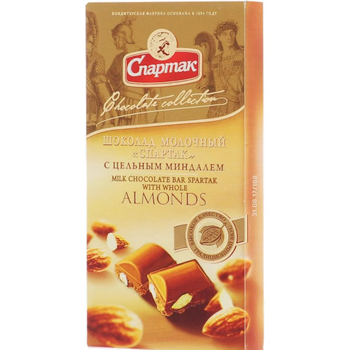CHOCOLATE BAR MILK W/WHOLE ALMONDS 18/90GR SPARTAK N8917