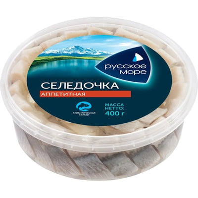 HERRING PIECES APPETITNAYA  LIGHTLY SALTED IN OIL 6/400GR RUSSKOE MORE N3441