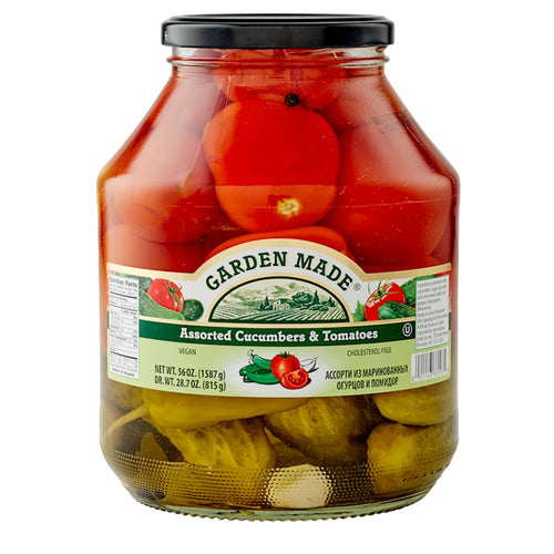 ASSORTI CUCUMBERS & TOMATOES MARINATED 6/56 OZ GARDEN MADE BULGARIA N33103