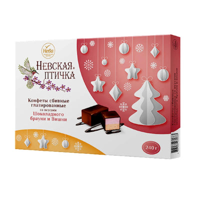 CANDIES BOXED NEVSKAYA PTICHKA SOUFFLE GLAZED W/CHERRY&CHOCO BROWNIE FLAVOR 10/240GR NEVA