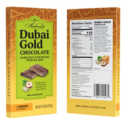 CHOCOLATE BAR MILK DUBAI GOLD W/HAZELNUT&PISTACHIO TRUFFLE 10/110GR ANDREANO(6)