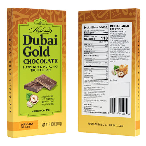 CHOCOLATE BAR MILK DUBAI GOLD W/HAZELNUT&PISTACHIO TRUFFLE 10/110GR ANDREANO(6)