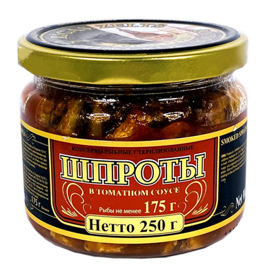 SPRATS SMOKED IN TOMATO SAUCE GLASS 12/250GR GAMMA-A LATVIA N5343