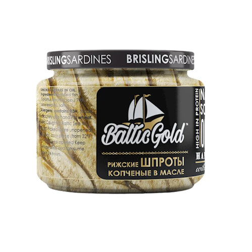 SPRATS SMOKED (BRISLING SARDINES) IN OIL 12/250G GLASS BALTIC GOLD LATVIA N219